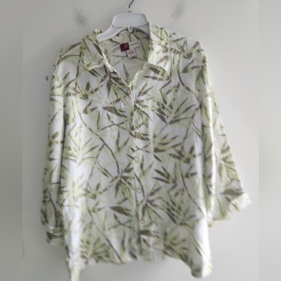 JM Collection Green Brown Floral 100% Linen 3/4 Sleeves Button Up Blouse size 16 - Picture 4 of 6